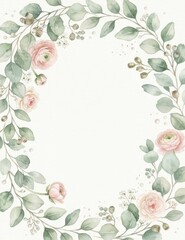 Fototapeta premium Delicate watercolor floral wreath with soft pink roses and eucalyptus leaves