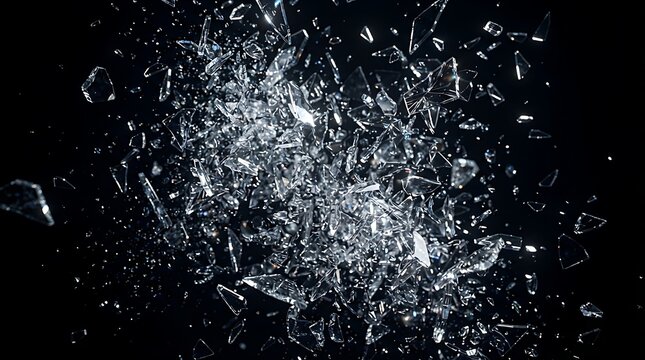 Explosion of shattered glass fragments flying in the air on a black background, sharp shards of broken glass scattered in motion, dynamic abstract concept