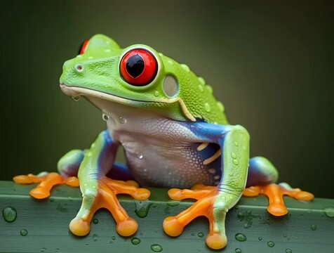 A cinematic macro footage of a colorful red-eyed tree frog perched on a rain-dropped leaf in a lush tropical rainforest. The camera slowly zooms in on its vibrant red eyes while the backgrou