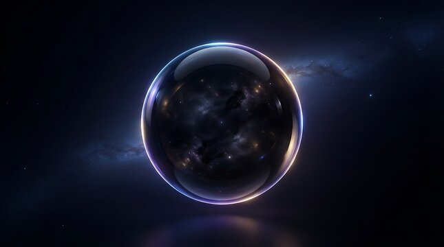 A mysterious dark orb floating in deep space with a glowing iridescent rim, reflecting a vast nebula and distant stars within its polished surface