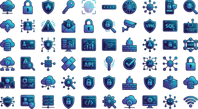 Cybersecurity and Data Protection Icon Set with Padlocks Shields Firewalls Cloud Servers VPN and Network Security Vectors
