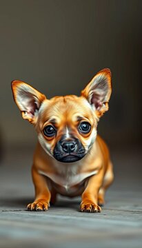 Small light brown dog with erect ears and dark eyes looking directly at the viewer, adorable, curious