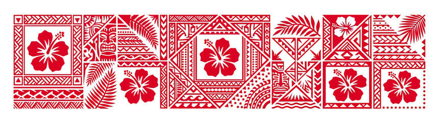 Red Hibiscus Flowers and Tribal Patterns Border © titis