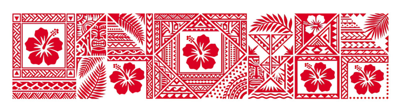 Red Hibiscus Flowers and Tribal Patterns Border