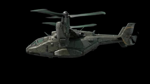 A 3D render of an advanced metallic military tiltrotor aircraft in mid-flight on a solid black background. Perfect for sci-fi video editing, cinematic visual effects, and game development assets.