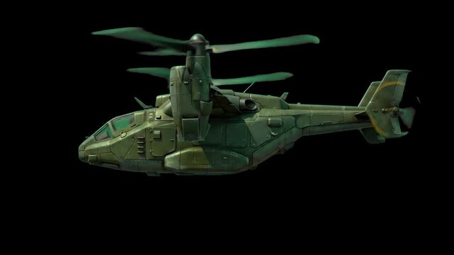 A 3D model of a futuristic military tiltrotor helicopter in green camouflage flying isolated against a dark backdrop. Ideal for sci-fi games, military simulations, and action video effects.
