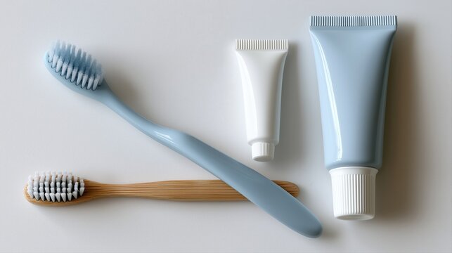 Oral Hygiene Essentials Bamboo Toothbrush Paste Tubes Flat Lay