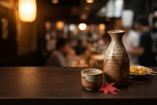 Japanese autumn hiyaoroshi sake in ceramic tokkuri flask with red maple leaf on wooden counter