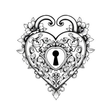 A delicate black and white drawing of an ornate heart-shaped padlock with intricate floral details surrounding a keyhole center, illustration, creative