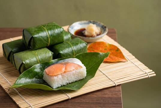 Kaki no ha sushi wrapped in persimmon leaves japanese nara regional delicacy with copy space