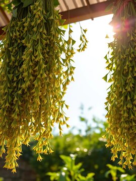 Airy bunches of fragrant fenugreek leaves drying in the sun, organic, ||fenugreek
