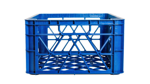 Blue plastic crate with geometric pattern, isolated on transparent background