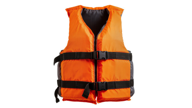 Bright orange life vest with black buckles and straps, isolated on transparent background