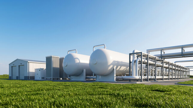 Green hydrogen fuel cell clean energy plant white tanks renewable decarbonization copy space