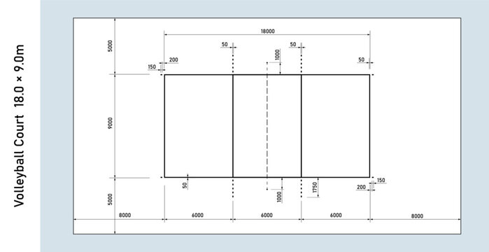 Top view of volleyball court layout wit dimensions and markings, blue print drawing of field. Overhead perspective showing game area for match, sports field, stadium background. Vector illustration