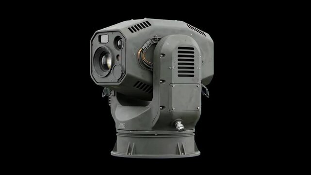 High-detail 3D model of a modern electro-optical targeting pod and laser surveillance turret, isolated against a solid pitch-black background. Ideal for military technology documentaries, defense syst