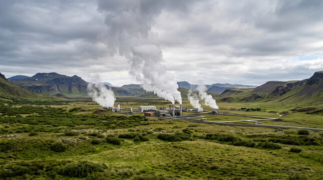 Geothermal power plant steam vent green volcanic valley renewable clean baseload energy copy space