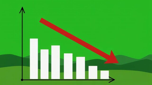 Bar chart graphic showing downward trend with red arrow against green background