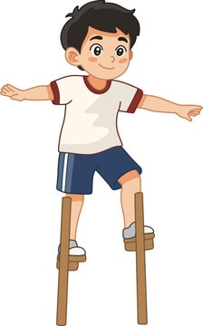 Boy Standing Stilts Arms Spread