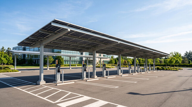 EV charging station under solar canopy corporate parking clean energy renewable mobility copy space