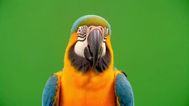Blue and yellow macaw head turning with green screen background and cinematic motion