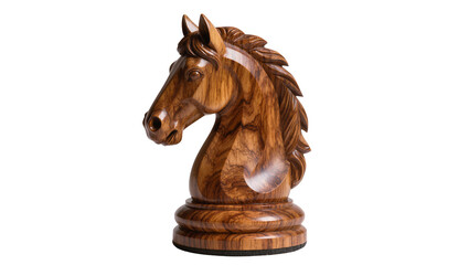 Polished wooden chess knight piece with detailed mane, isolated on transparent background © Maria
