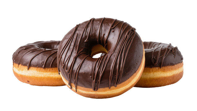 Three chocolate glazed donuts with drizzles, isolated on transparent background