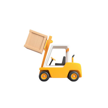 Yellow 3D Skid Loader Lifting a Wooden Crate in Stylized Design, isolated on transparent background.