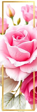 Delicate pink and white rose watercolor design with gold frame template, fresh, vintage