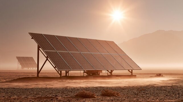 Solar panels in a desert landscape under intense sunlight and heat shimmer, representing clean renewable energy, sustainability, and the future of green power