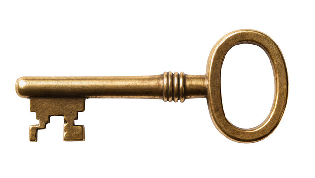 Antique brass skeleton key with oval bow, isolated on transparent background