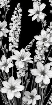 Floral pattern featuring delicate flax flowers in black and white, flax, illustration