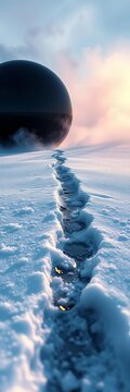 Glossy black disk carving a path across frozen terrain, mist swirling around it, hockey action, winter sports
