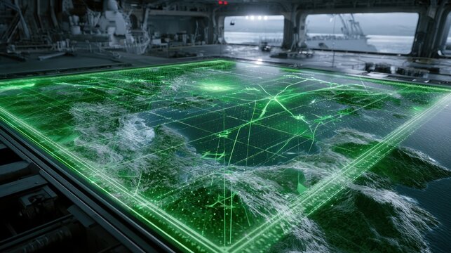 Futuristic holographic navigation map displaying a naval fleet and oceanic terrain