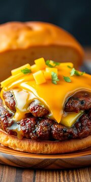 Juicy patty topped with melted cheddar on toasted bun, food, knife