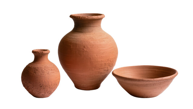 Three terracotta pottery vessels a large vase a small vase and a bowl, isolated on transparent background
