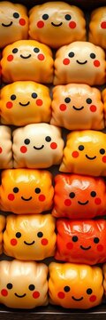 Kawaii Japanese dumplings with smiling faces in a set, meal, kawaii design