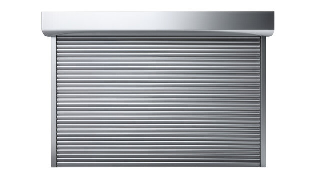 Closed metallic roller shutter door security protection, isolated on transparent background