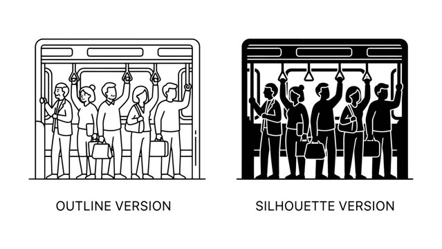 Commuters on Public Transport: A group of diverse individuals standing inside a train car, holding onto overhead rails and bags, depicted in both outline and silhouette styles.