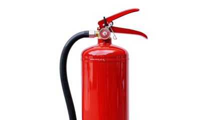 Obraz premium Red fire extinguisher with black hose and lever, isolated on transparent background