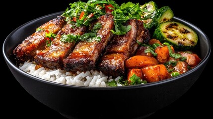 Fototapeta premium Grilled Pork Belly Bowl With Vegetables On Black Background