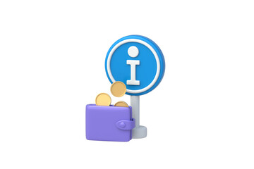 Gross domestic product data. Financial literacy concept. Personal accounting services. Economic information. Money advice. Info symbol on road sign near wallet isolated on white background. 3d render