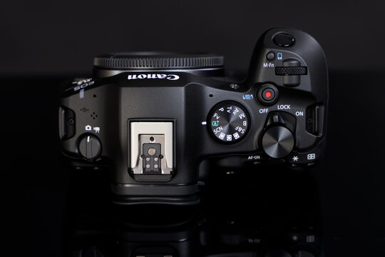 Varna , Bulgaria - July 12, 2026: Canon EOS R6 Mark III Mirrorless Camera Top View, Professional Digital Camera Controls and Dial for Tech Reviews