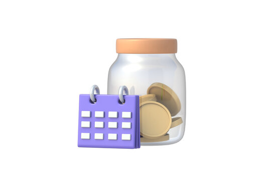 Accounts receivable repayment period. Reminders about financial contributions. Scheduled payments. Annual working capital. Glass savings jar near calendar isolated on white background. 3d render