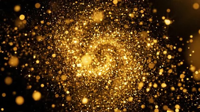 Golden and shiny particles float on a black background creating a decorative effect during an artistic display