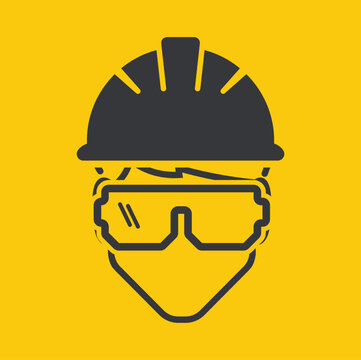 Printable label sign worker wearing hard hat and safety glasses promoting industrial PPE compliance and workplace protection