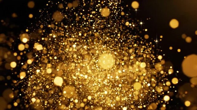 Golden and shiny particles float up from a black background in random motion