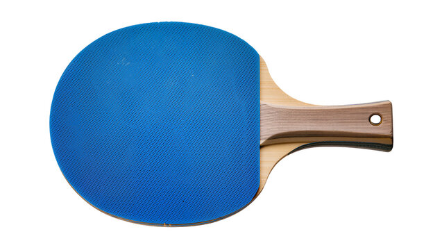 Blue rubber surfaced ping pong paddle with wooden handle, isolated on transparent background
