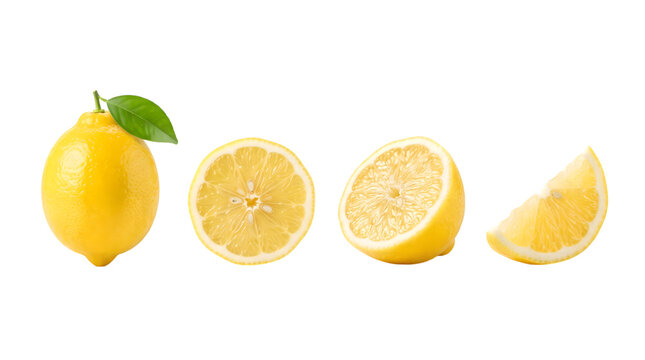 Fresh yellow lemon whole fruit and sliced segments isolated on white background high quality png file format
