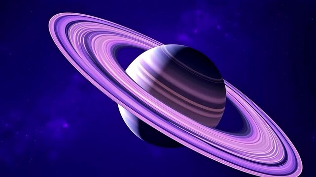 A breathtaking digital illustration of a majestic gas giant planet featuring luminous, glowing purple rings set against a deep cosmic space background filled with distant stars a vibrant purple nebula